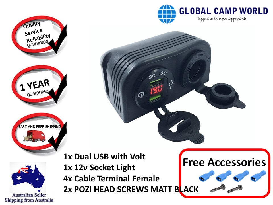 Black Surface Mount Dual USB Quick Charge QC 3.0 Voltmeter with Dual USB