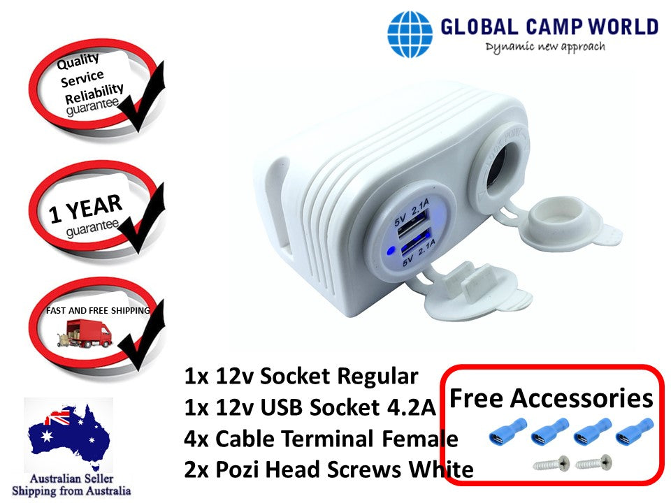 White Surface Mount Dual USB Charger Socket Double 4.2A with Led