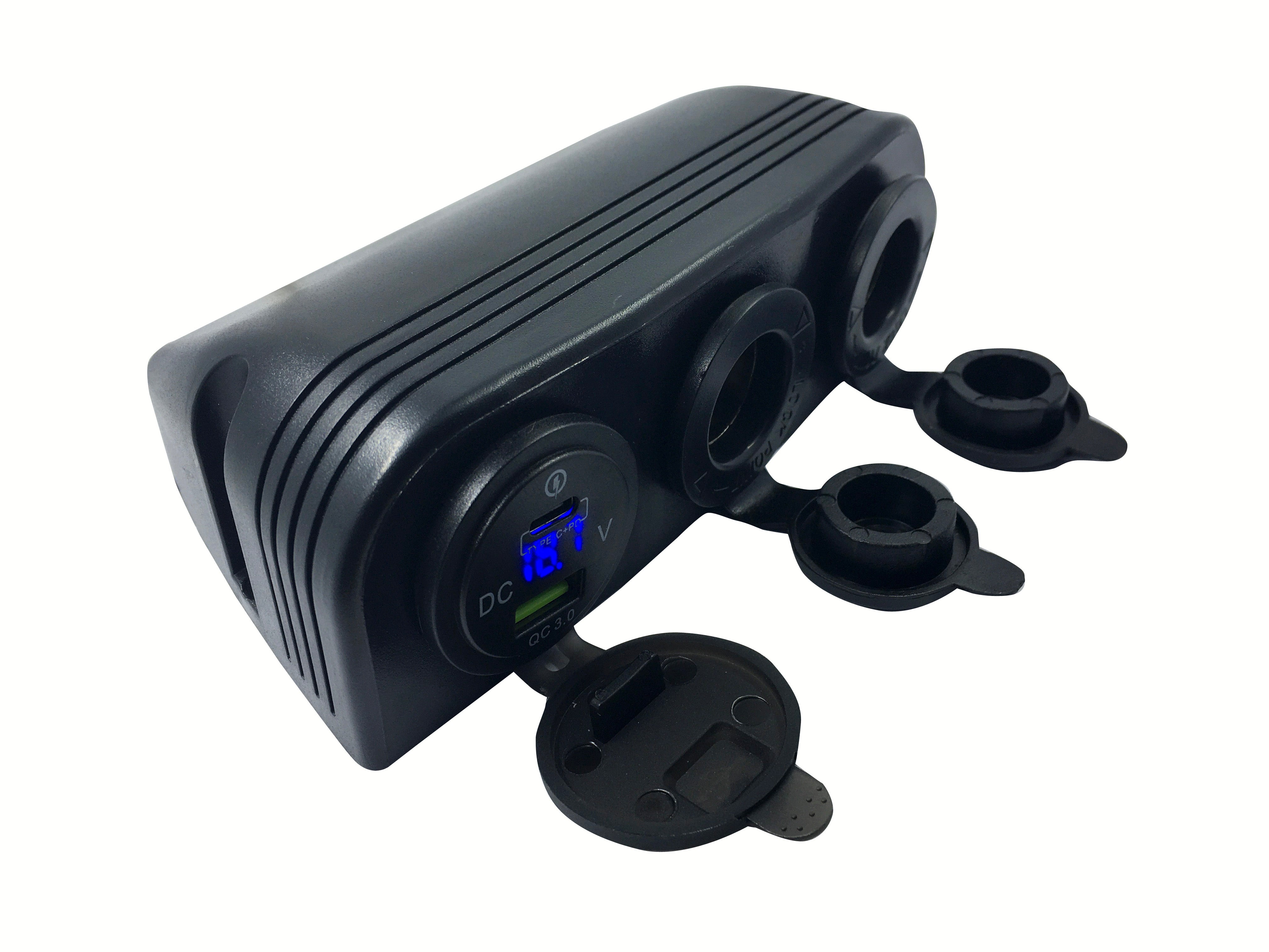 Black Surface Mount Triple  Sockets with Fast Charging Port Type C PD QC3.0 Car Charger Socket